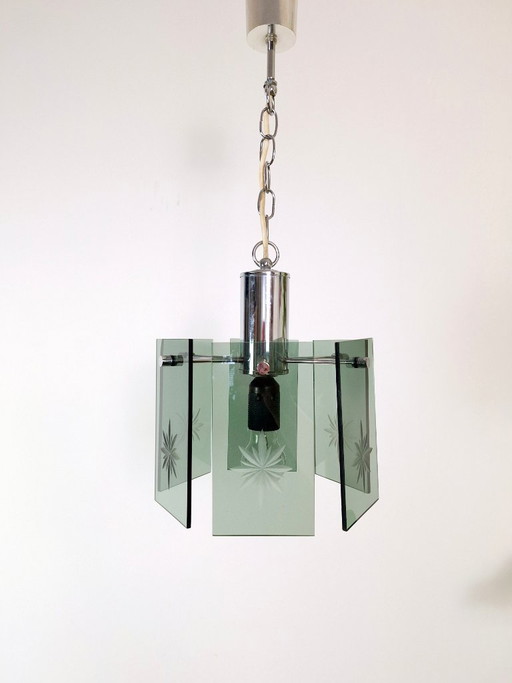 Mid-Century Modern Pendant Lamp, Made in Yugoslavia, EMI Poljčane, 1970s Modern Light, Green Smoked Glass, Space Age, Atomic Age