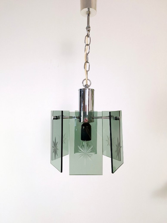 Image 1 of Mid-Century Modern Pendant Lamp, Made in Yugoslavia, EMI Poljčane, 1970s Modern Light, Green Smoked Glass, Space Age, Atomic Age