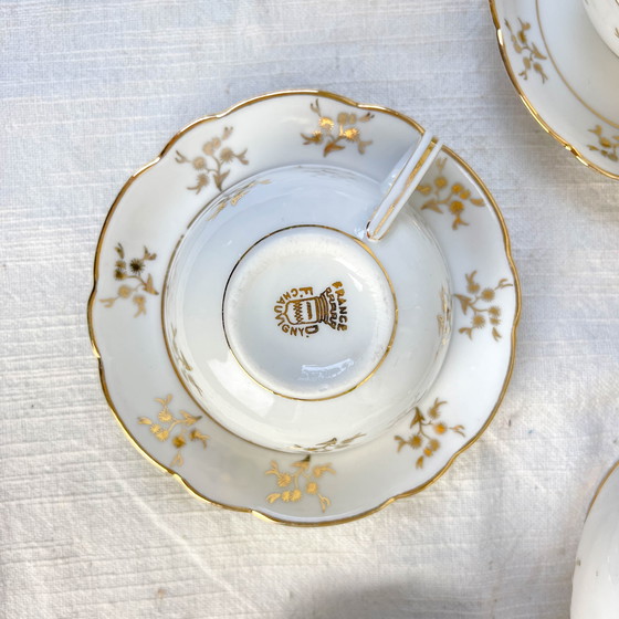 Image 1 of Set da tè/caffè vintage in porcellana bianca con finiture dorate FD Chauvigny