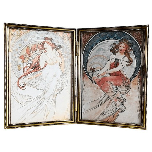Vintage-Diptychon im Jugendstil, Gemälde von Alphonse Mucha, doppelter Bilderrahmen, vergoldetes Metall, 1980er Jahre