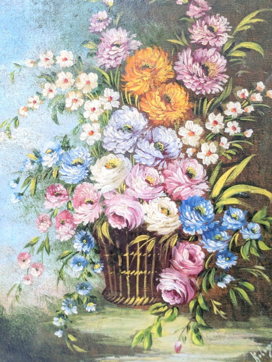 Image 1 of Peinture à l'huile florale ancienne sur toile dans un cadre doré orné, signée par l'artiste
