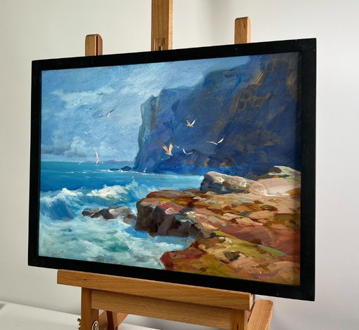 Pintura al óleo original Paisaje de rocas marinas Brisa marina en un día despejado