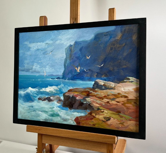 Image 1 of Pintura al óleo original Paisaje de rocas marinas Brisa marina en un día despejado