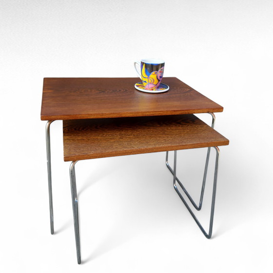 Image 1 of Juego de 2 mesas auxiliares Brabantia, tablero de wengué, patas cromadas