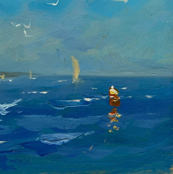 Image 1 of Dipinto ad olio originale, Paesaggio marino estivo, Viaggio in mare e canto degli uccelli