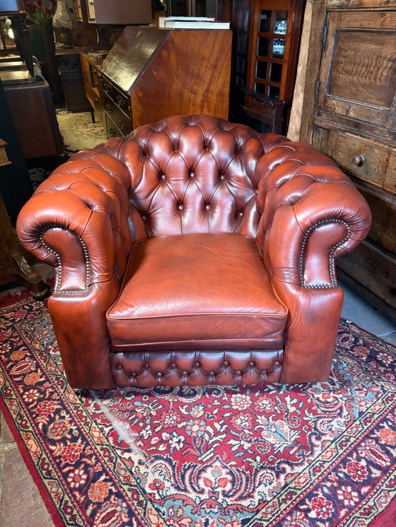 Image 1 of Vintage Leather Chesterfield Tub Chair – Gentleman’s Chair  Classic English Design • Comfortable • Timeless Style  A beautiful v