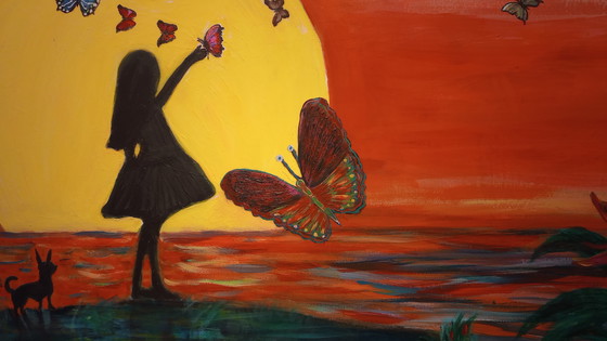 Image 1 of T. van Steenbergen. New "Girl with Butterflies" 100 x 120 cm