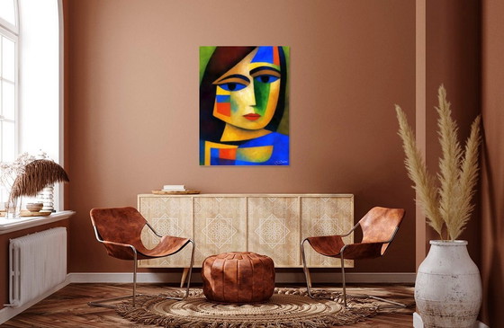 Image 1 of Gekleurd Canvas Frame / Abstracte Indiase Vrouw / Abstracte Kunst / Wanddecoratie (60 x 80 cm)