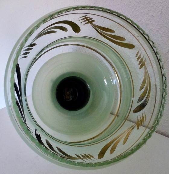 Image 1 of Plafonnier Art Déco, suspension en verre, années 1930, suspension en verre vert clair avec bande dorée, abat-jour pagode.