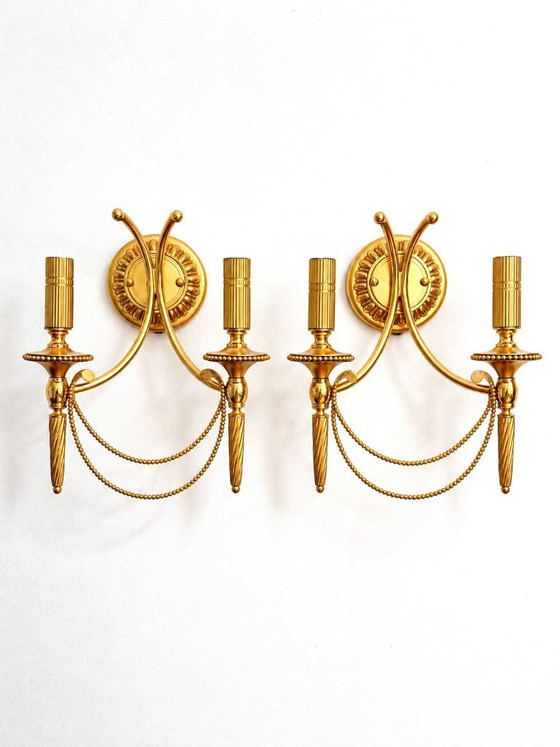 Image 1 of Paire d'appliques murales doubles vintage Gaetano Sciolari en laiton doré | Style Hollywood Regency, années 1960/70