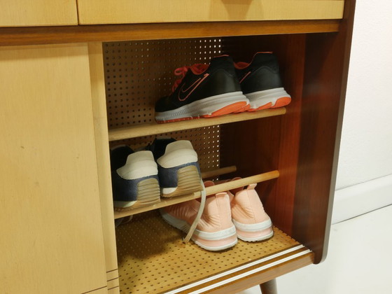 Image 1 of Vintage 1960s shoe cabinet, mid-century shoe chest, mahogany & birch, sliding doors, Germany