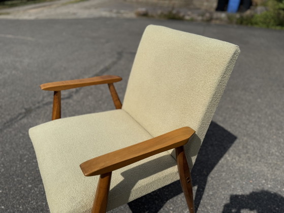 Mid Century Armchair Beige Vintage Easychair – Wood, Textile (photo 10 of 11)