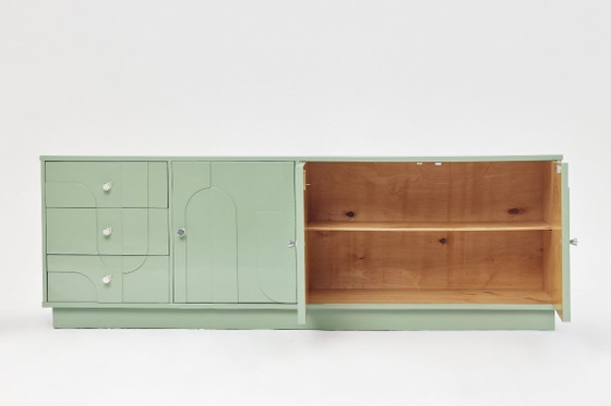 Vintage Sideboard, Wood, Relief, Pastel Green, High-Gloss Finish, 1970s (photo 10 of 15)