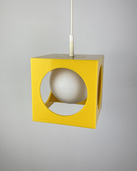 Image 1 of Space Age Ceiling Lamp, Richard Essig, Yellow Minimalistic Cube Design, 1970s, Retro-Futuristic Lamp, Germany, Sputnik Design