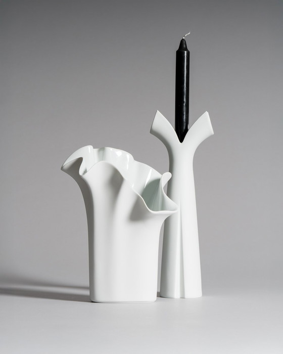 Image 1 of Rosenthal Duo: Sculptural White Porcelain Icons by Lino Sabattini candleholder & Claus Josef Riedel Tulip Vase