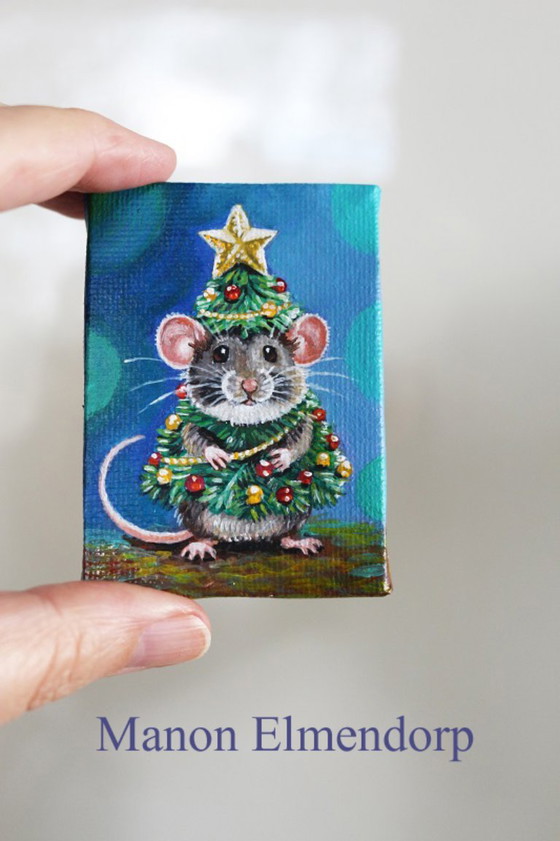 Unique Hand-Painted Miniature Painting Mouse as Christmas Tree, Paintings & Drawings, Canvas, Wood (photo 5 of 6)