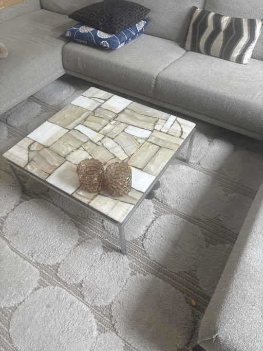 Magnifique table basse vintage/design en onyx avec piètement en acier