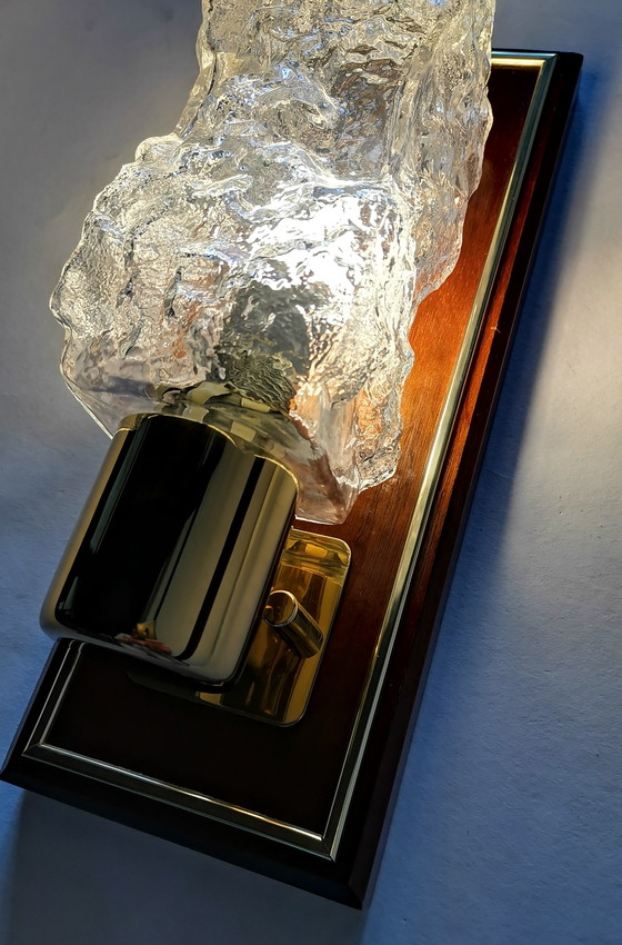 Image 1 of Set of Hollywood Regency ice glass wall lamps by Hillebrand teak vintage 70s