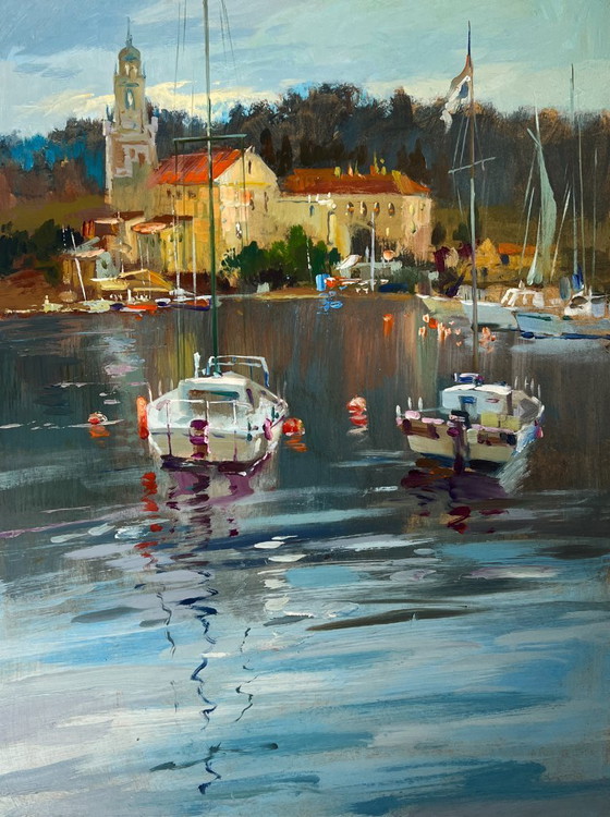 Image 1 of Original Oil Painting Coastal City Landscape Between the sea and the sky