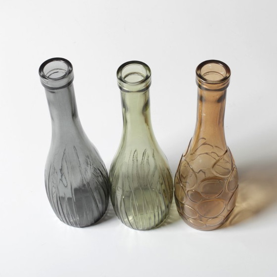 Image 1 of Set of 3 Grey, Green and Amber Glass Vases / Colored Bottles or Flower Vases / Ikea / 2000s