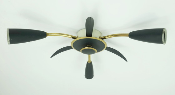 Image 1 of Plafoniera a 3 luci Sputnik della metà del secolo scorso in ottone e metallo grigio scuro