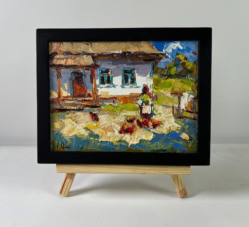 Original Oil Painting Summer Village Landscape Yard in August
