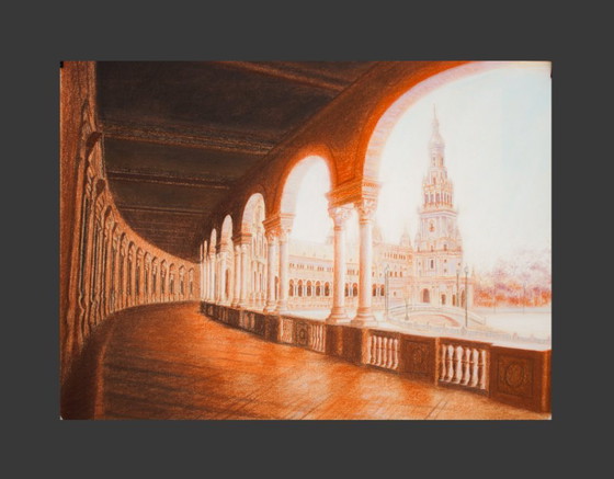 Image 1 of Painting of Plaza de España in Seville. Drawing of Plaza de España in Seville. Seville Painting. New.