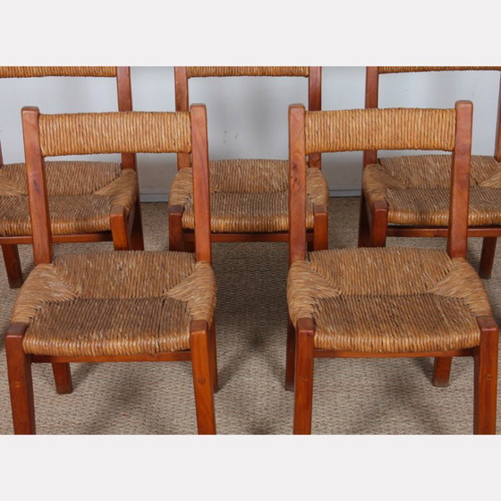 Image 1 of Set of 6 straw-seated chairs in solid elm, French work, 1950