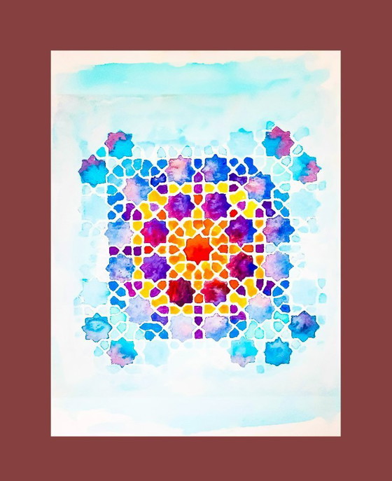 Image 1 of Acuarela original azulejo mozárabe. Cuadro azulejo árabe. Pintura geométrica. Acuarela con motivo geométrico.  Nueva.