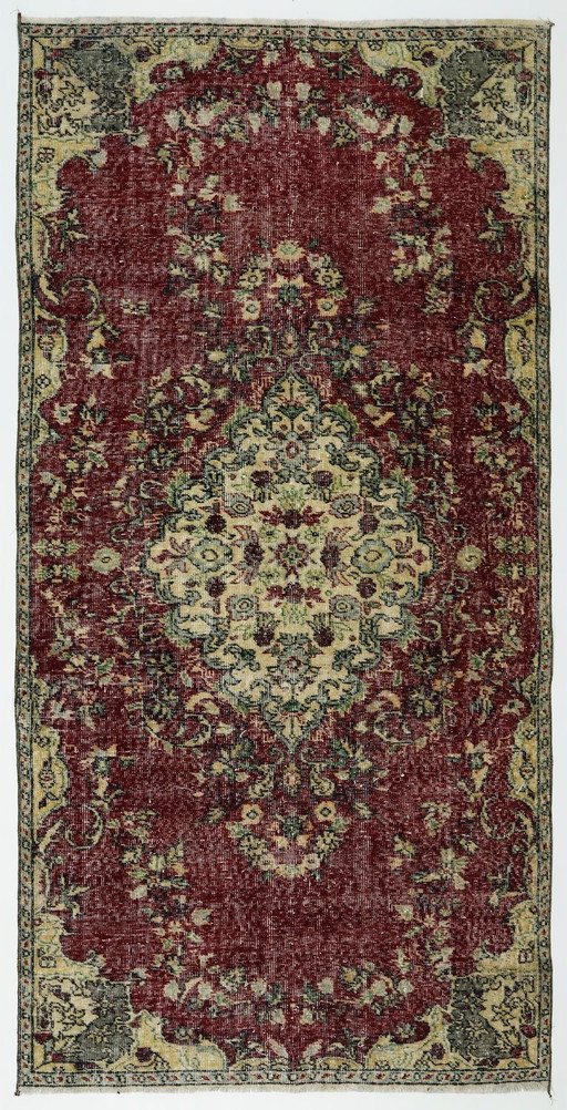 Tappeto turco vintage Oushak 254 × 130 cm – Tappeto in lana con medaglione color bordeaux – vloerkleden en tapijten, Wool
