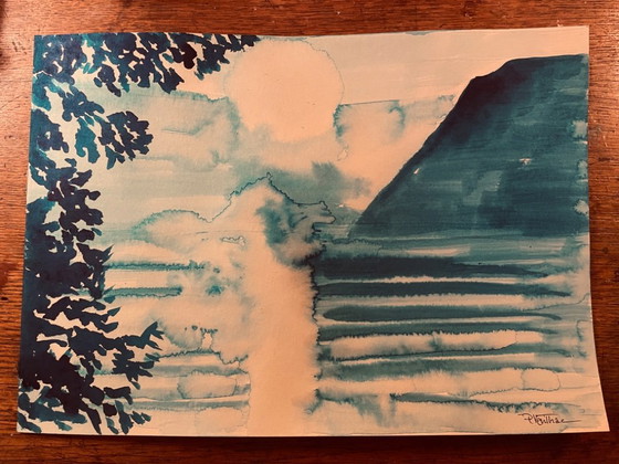 Image 1 of Monochroom blauwe aquarel "zonsondergang boven het meer"