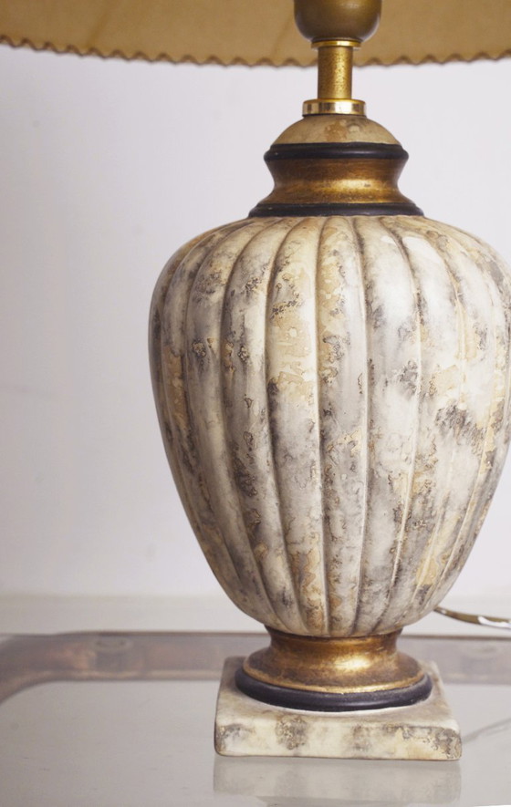 Image 1 of Vintage Italian Neoclassical Urn Table Lamp Faux Marble Stone Ceramic Lamp Parchment Shade Organic Modern Mediterranean Lighting