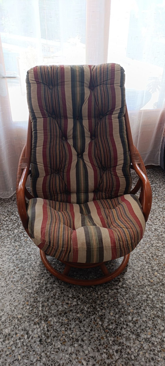 Rattan swivel chair with striped cushions, Textile, Brown, Vintage (photo 2 of 5)