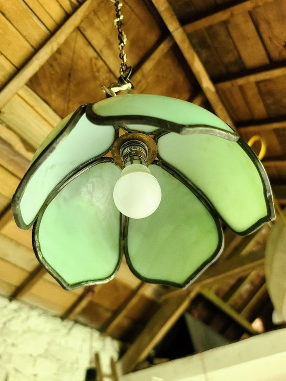 Image 1 of Lampada a sospensione floreale blu/verde in pâte de verre art nouveau