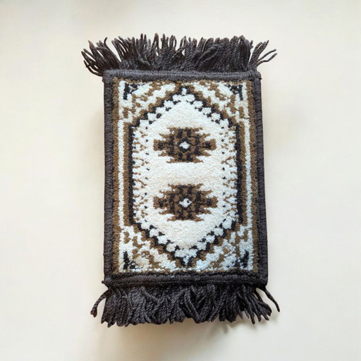 Chemin de table vintage rare de style oriental/ethnique – 24 × 40 cm – Marron et beige – Très bon état