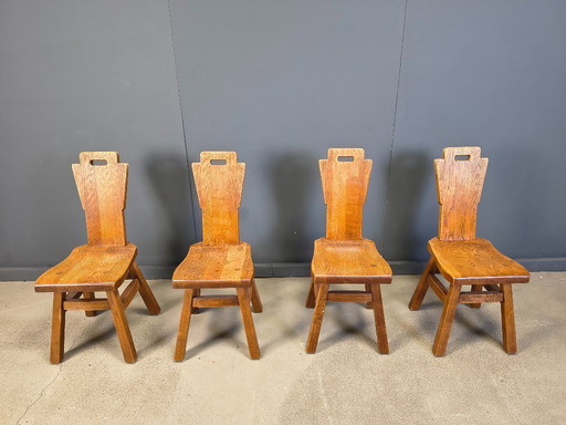 Ensemble de 4 chaises brutalistes vintage en chêne, années 1970