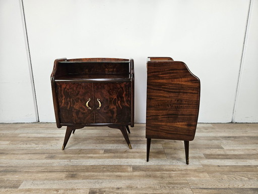 1950s bedside tables in feather and mahogany briar with mirrored top