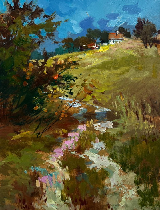 Image 1 of Origineel olieverfschilderij: Landschap bij een zomerhuis. Een rustige weg naar inheemse plekken.