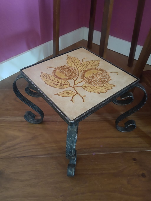 Geweldige Mid-Century Modern 60's smeedijzeren plantentafeltje bijzettafeltje met decoratieve tegel – Iron, Ceramic