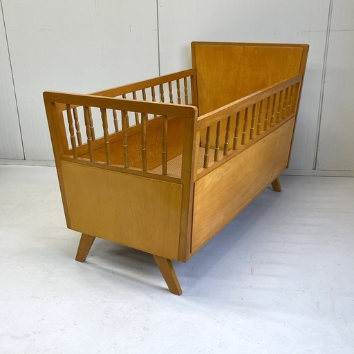 Vintage Sixties Cot Baby Bed Wood Slanted Leg
