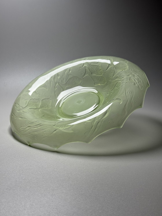 Image 1 of August Walther & Söhne “Arabella” Uranium Glass Centerpiece Bowl – Art Deco Fish Decor – 1930s Germany