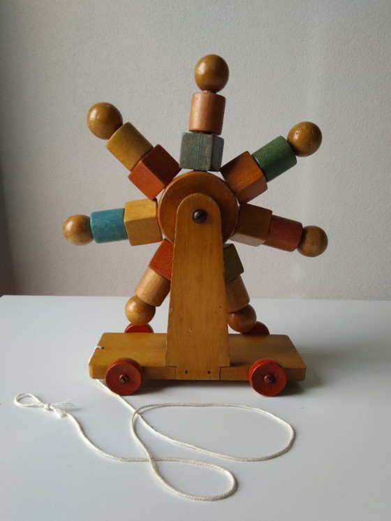 Image 1 of vintage wooden toy block mill, block cart