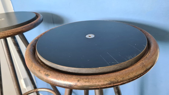 Image 1 of Set (2x) industrial vintage metal bar stools metal & wood