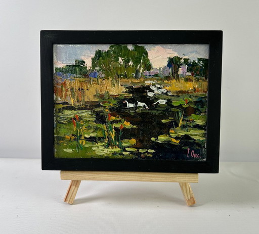 Original Oil Painting Summer Nature Landscape Geese in the lake