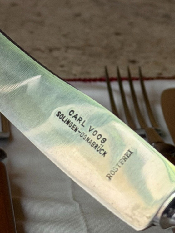 Vintage Carl Voos Solingen German Flatware Set - 12 Piece MCM Knife And Fork Set - Rostfrei Stainless Steel (photo 17 of 32)