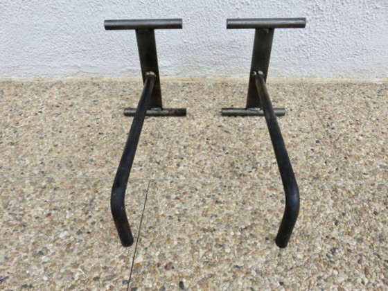 Image 1 of Pair of modernist, minimalist andirons in raw steel, France, 1960