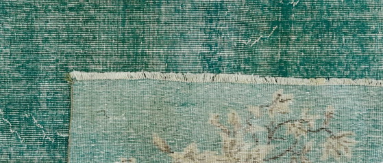 Vintage Turkish Overdyed Rug 261x162 Cm – Teal Handknotted Wool Carpet With Distressed Floral Design (photo 12 of 12)