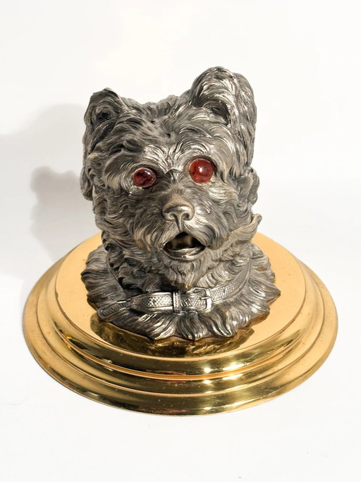 Early 20th Century English Metal Dog Inkwell with Brass Base – decoratieve objecten, Glass (photo 2 of 13)