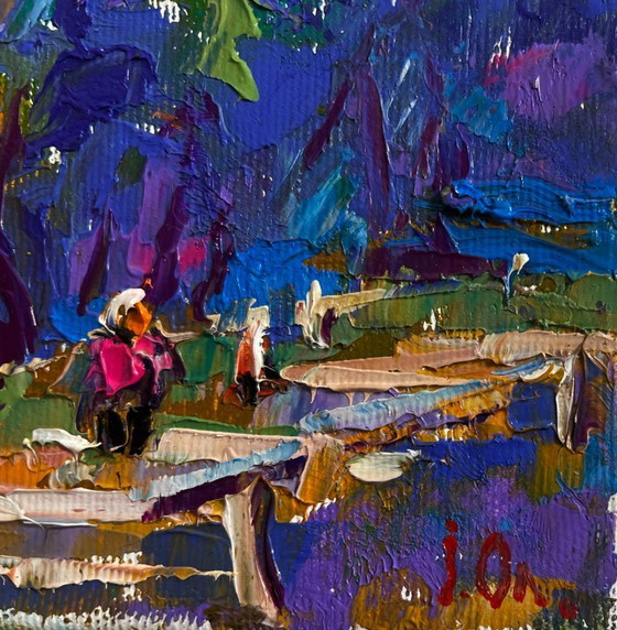 Image 1 of Original Oil Painting Summer City Landscape A walk through the city park