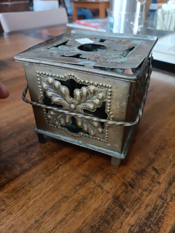 Image 1 of Antique Copper Heat Holder with Ornate Pressed Ornament - Complete with Fuel Tank"